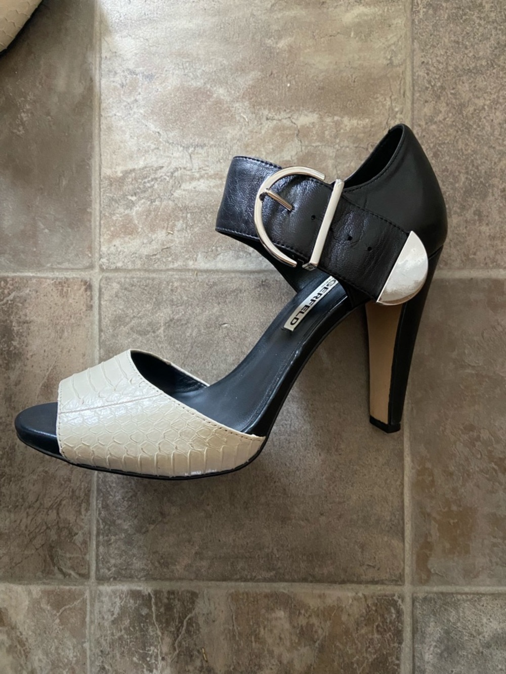 Karl Lagerfeld Black and Cream Croc-Textured High Heel Sandal with Buckle